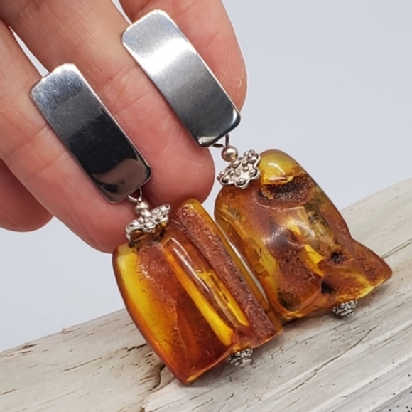 GENUINE RAW BALTIC AMBER REAL NUGGETS Natural Stones Silver Boho Earrings - Picture 1 of 12
